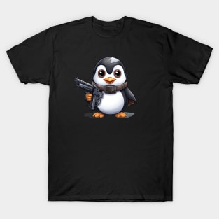 Cartoon Penguin Holding a Gun T-Shirt